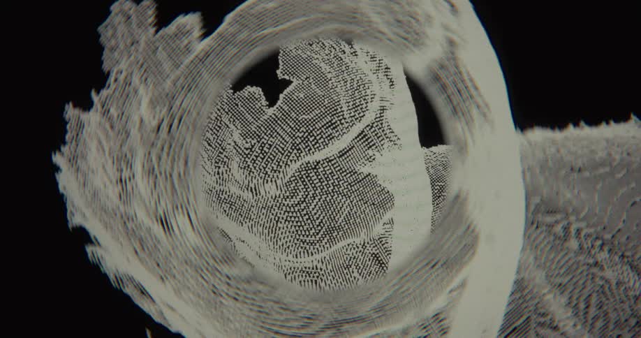 A glitchy, distorted 3D rendering of a human head made of white particles rotates in a seamless loop