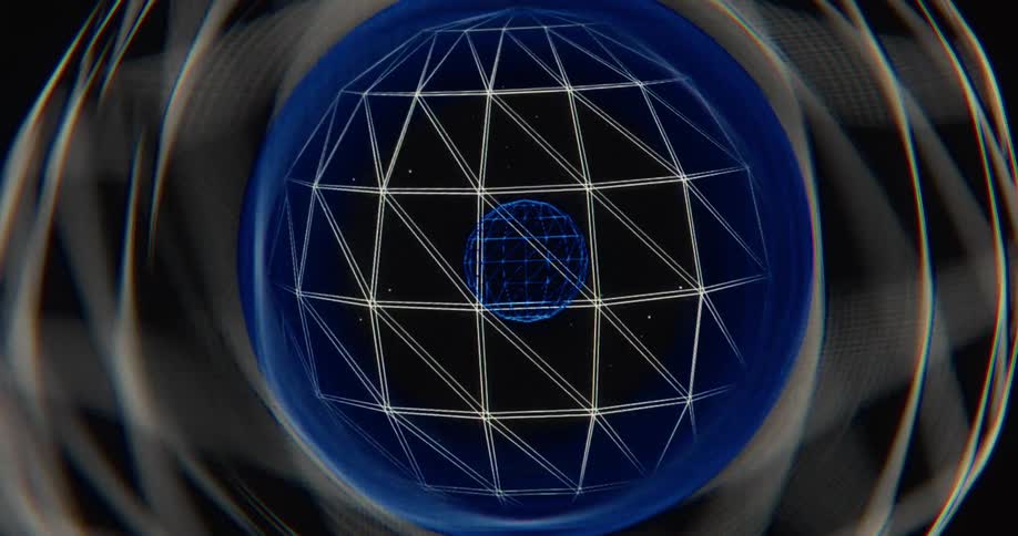 A complex digital orb of nested wireframe spheres and energy fields slowly recedes into a dark void