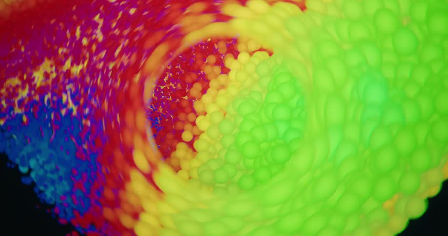 A hypnotic, abstract vortex of tiny, rainbow-colored spheres swirls in a pulsating, colorful tunnel