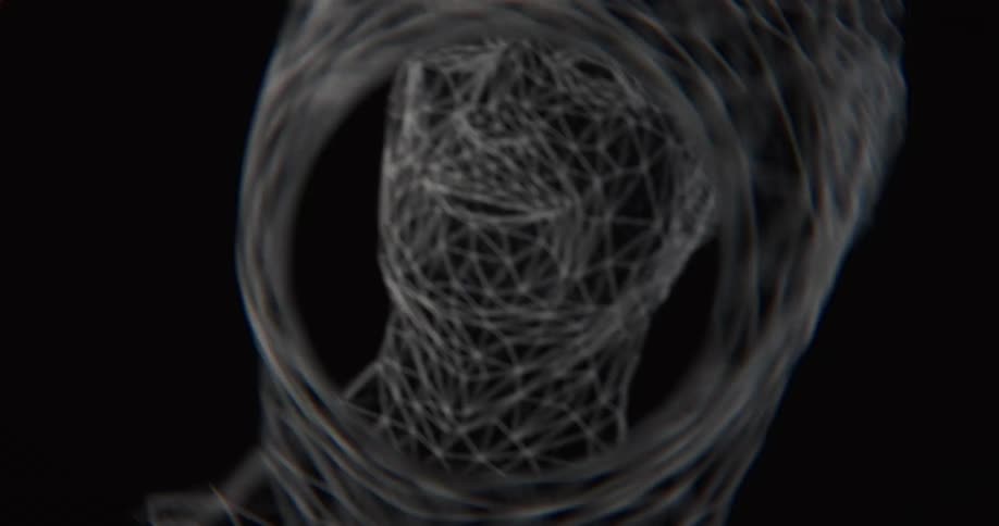 An ethereal wireframe animation of a human head slowly rotates against a stark black background