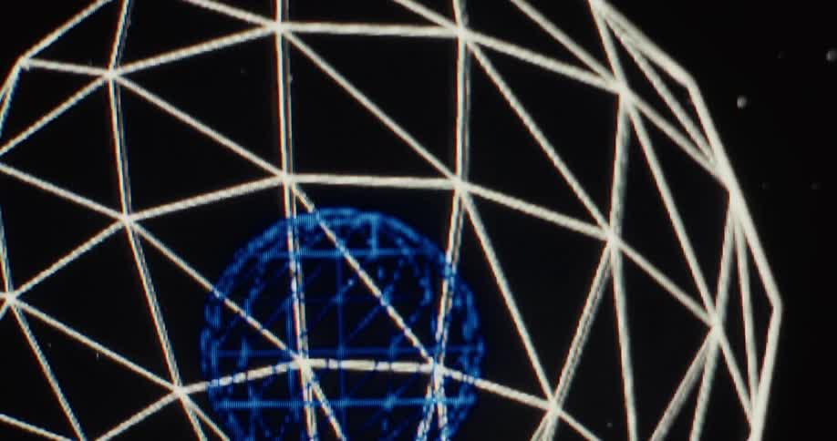 A vintage-style animation features geometric wireframe spheres and grids floating through a dark, digital cosmos