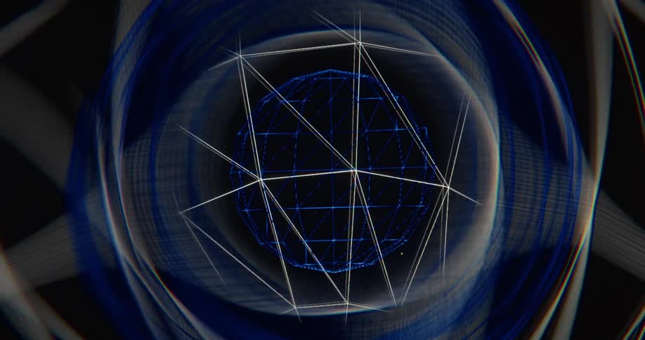 A futuristic animation shows a blue wireframe sphere deconstructing inside a swirling vortex of light