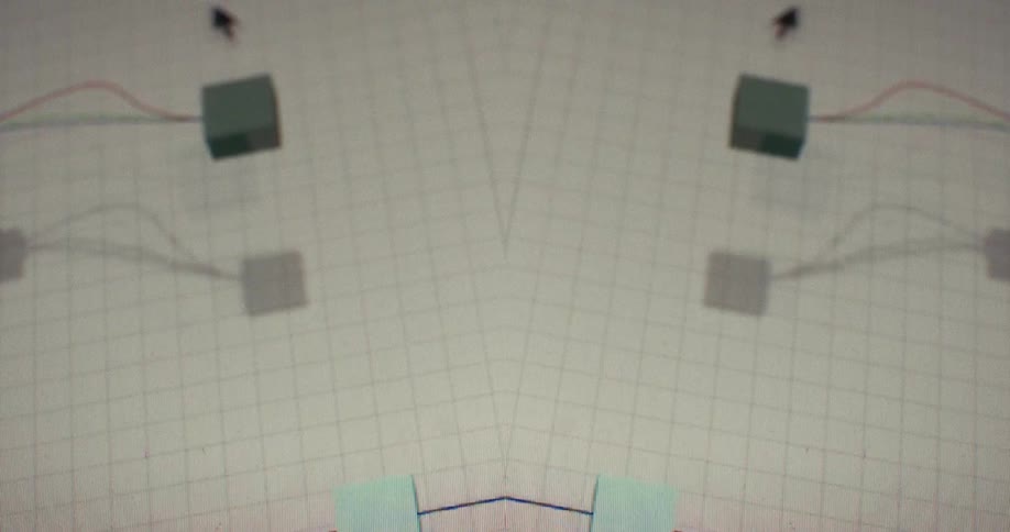 Symmetrical digital animation of geometric shapes and lines forming intricate, kaleidoscopic patterns on a grid
