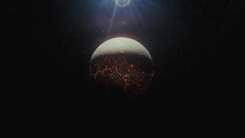 A mysterious, half-lit planet with glowing fissures on its dark side floats in deep space under a bright star