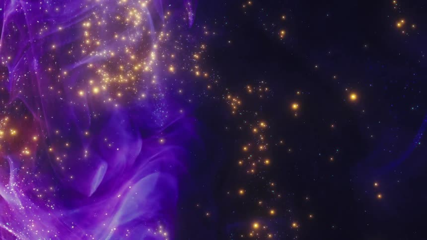An abstract animation of golden particles flowing from a swirling purple nebula in deep space