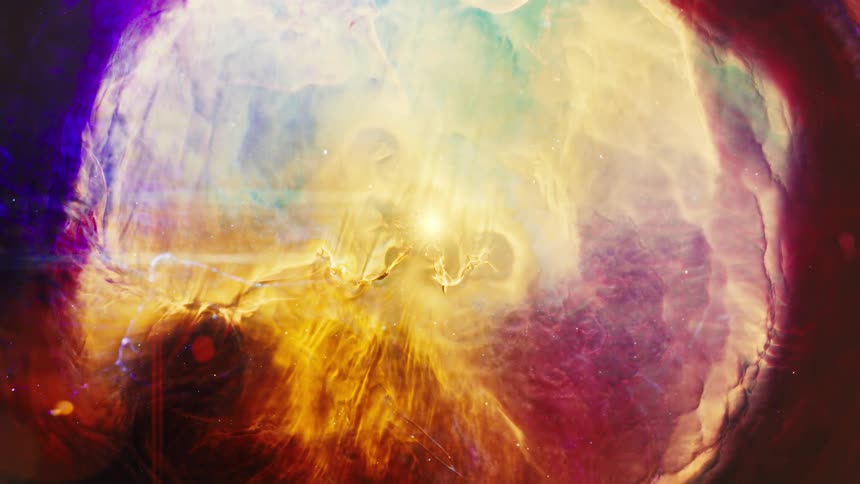Hypnotic abstract animation of a swirling, colorful cosmic cloud of gas and dust resembling a distant galaxy or nebula