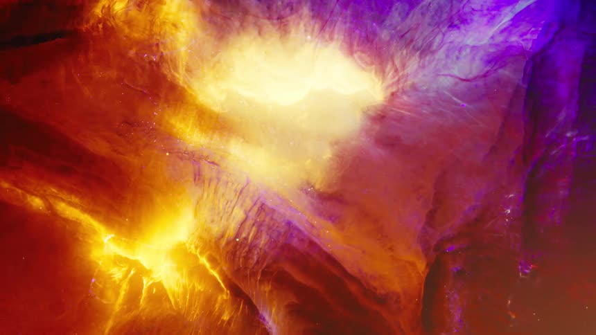 A celestial cosmic nebula glows with fiery oranges and ethereal purples in the vastness of space