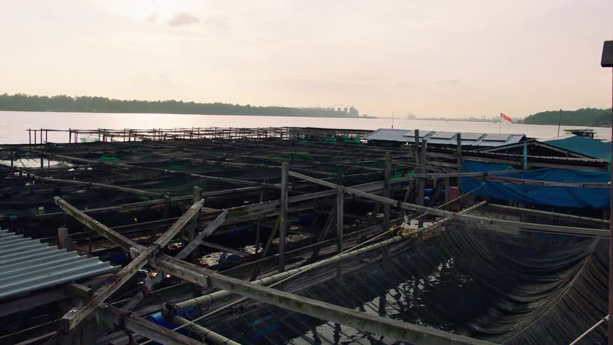 A serene, wide view of a large, rustic floating fish farm, or kelong, on calm waters during a hazy sunrise