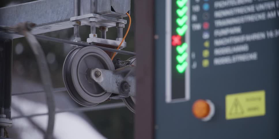 Close-up of a ski lift pulley wheel turning as the cable moves through the mechanism at a winter resort