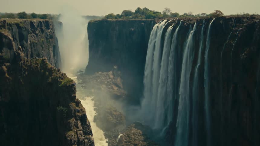 A majestic waterfall thunders into a deep, misty canyon on a hazy day