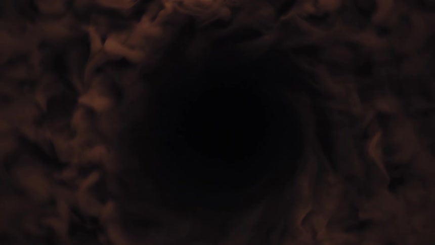 An abstract animation shows a tunnel of dark smoke swirling and gradually turning to an ominous orange color