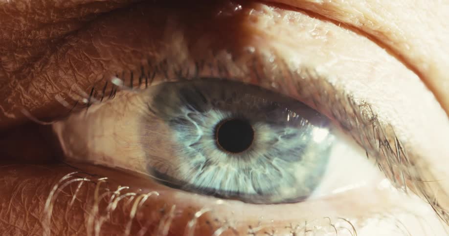 Macro shot of an older person's beautiful light blue eye, showing intricate details of the iris and pupil