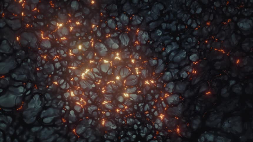 A mysterious dark surface with glowing orange energy pulsating slowly through its cracked veins