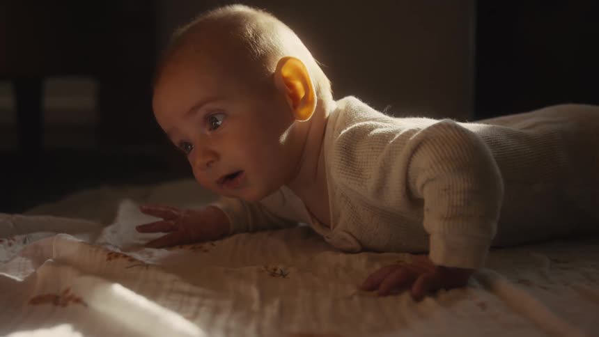 An adorable baby with big blue eyes lifts its head with curiosity during tummy time in warm, natural light
