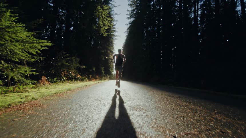 A person runs down the middle of a paved road through a forest at sunrise, casting a long shadow toward the camera