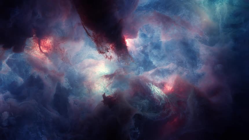 Ethereal blue and red cosmic clouds drift slowly through the vastness of deep space