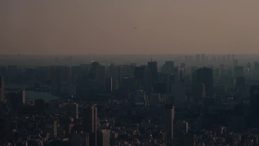 A lone airplane flies across the hazy sky above a vast, dark, and sprawling cityscape