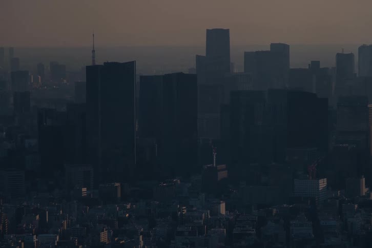 The dark silhouette of a dense urban cityscape is shrouded in haze during a moody twilight