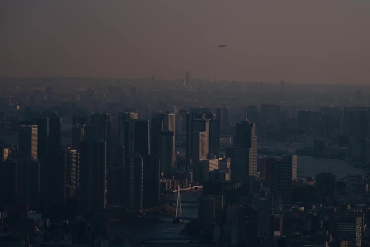 An airplane slowly flies over the sprawling, hazy cityscape of a major metropolis at dusk