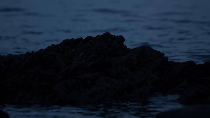 Calm waves wash over a silhouetted rock formation in the deep blue twilight