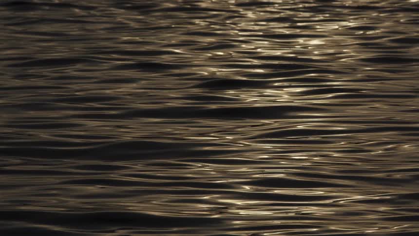 Gentle, dark ripples on the water's surface reflect the golden light of the sunset