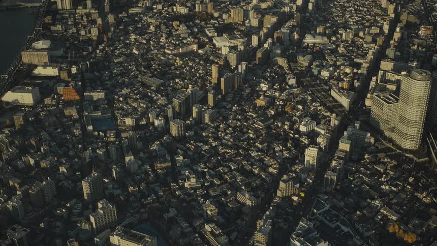 A static high-angle aerial view captures the immense and densely packed urban sprawl of Tokyo during the golden hour