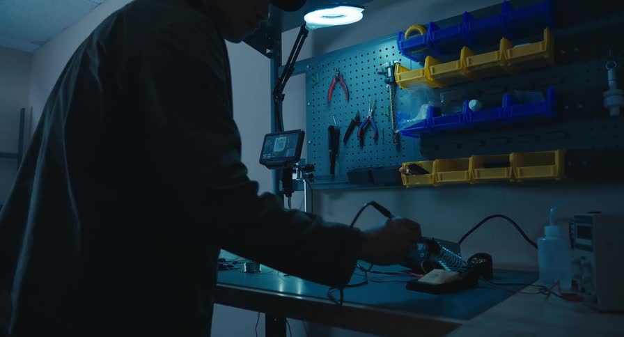 A technician solders electronics at his workbench in a dark, moody workshop under a single light