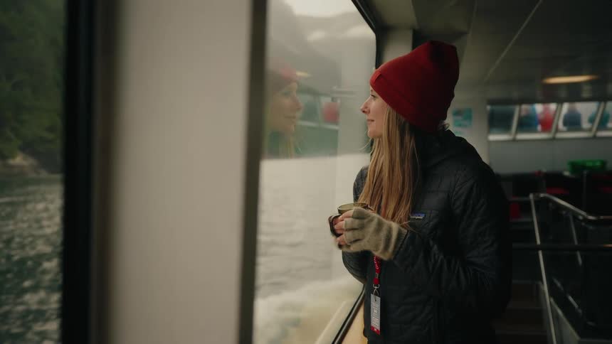 A happy woman wearing a red beanie enjoys a warm drink while looking out the window of a scenic ferry ride