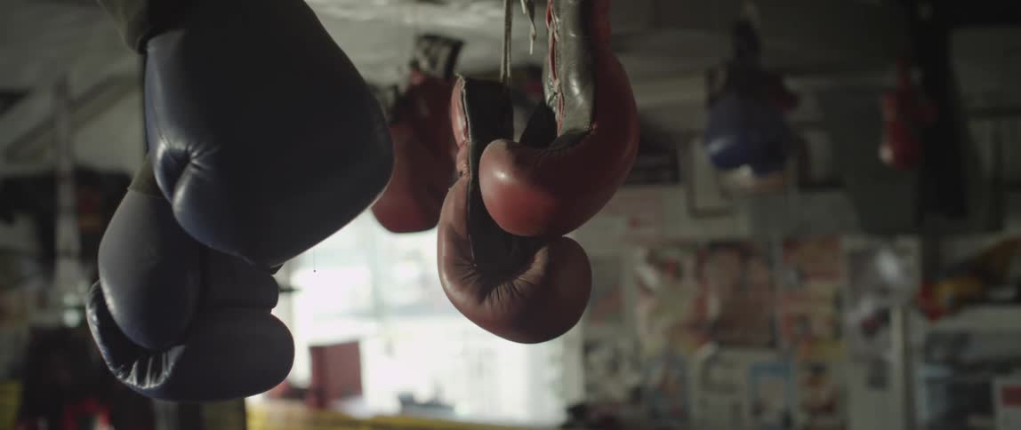 Boxing gloves hanging from the ceiling