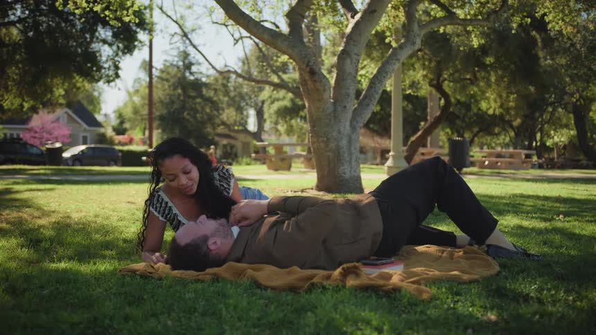 An affectionate couple shares a romantic and playful moment while relaxing on a blanket in a sunny park