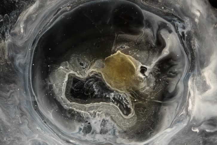 A swirling vortex of black, white, and gold liquid creates an abstract cosmic scene resembling a celestial nebula
