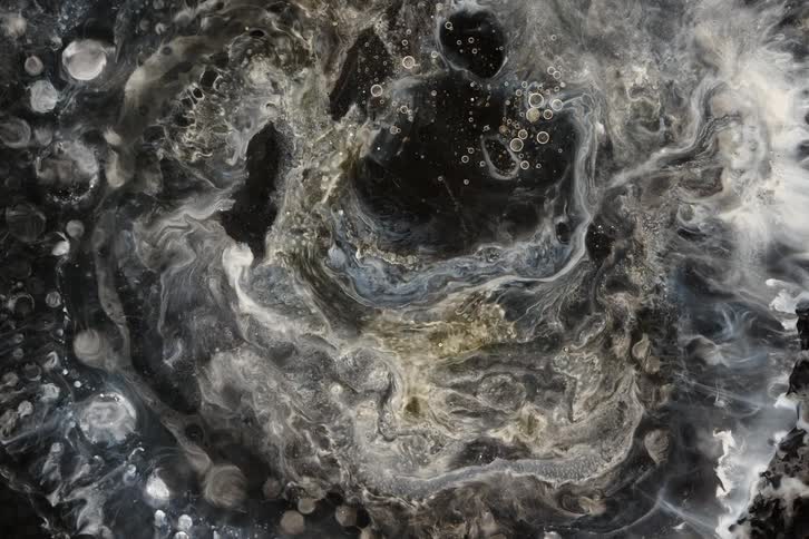 Mysterious dark and light liquids slowly mix and bubble in a swirling abstract macro view