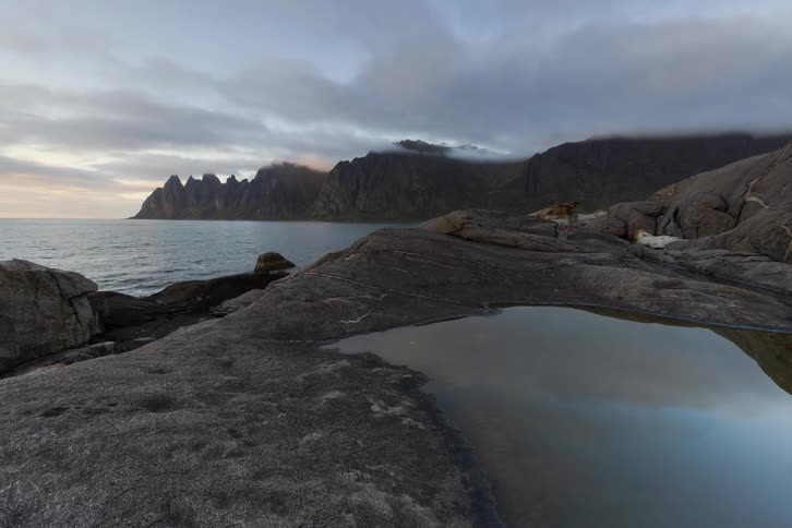A majestic timelapse captures the sunset casting golden light on the rugged mountains of Tungeneset, Senja, while clouds drift over the Norwegian Sea