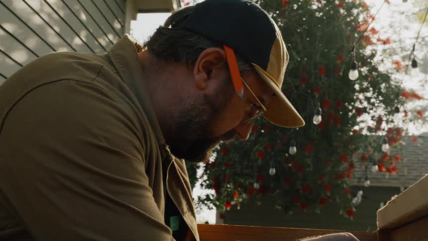 A focused man with a beard uses a power drill to assemble a wooden project in his backyard on a sunny day