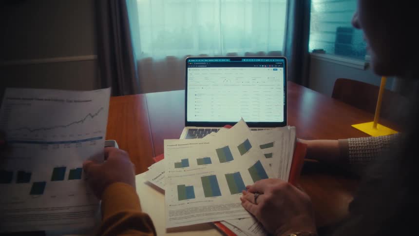 A couple sits at their dining room table analyzing their financial investments with printed charts and a laptop