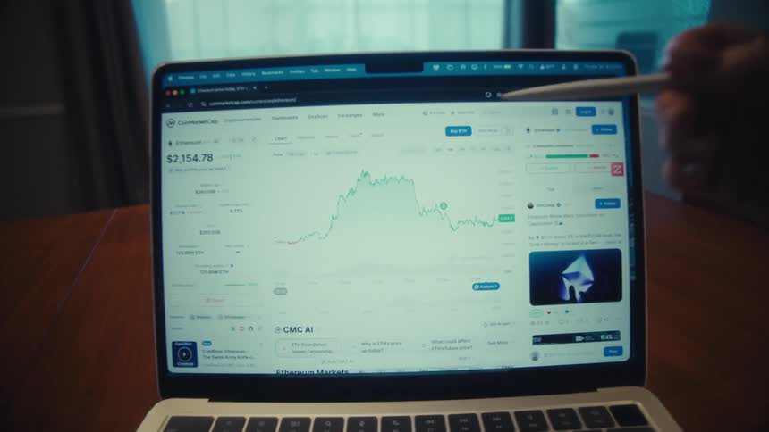 An investor uses a stylus to analyze the Ethereum cryptocurrency price chart displayed on a laptop screen