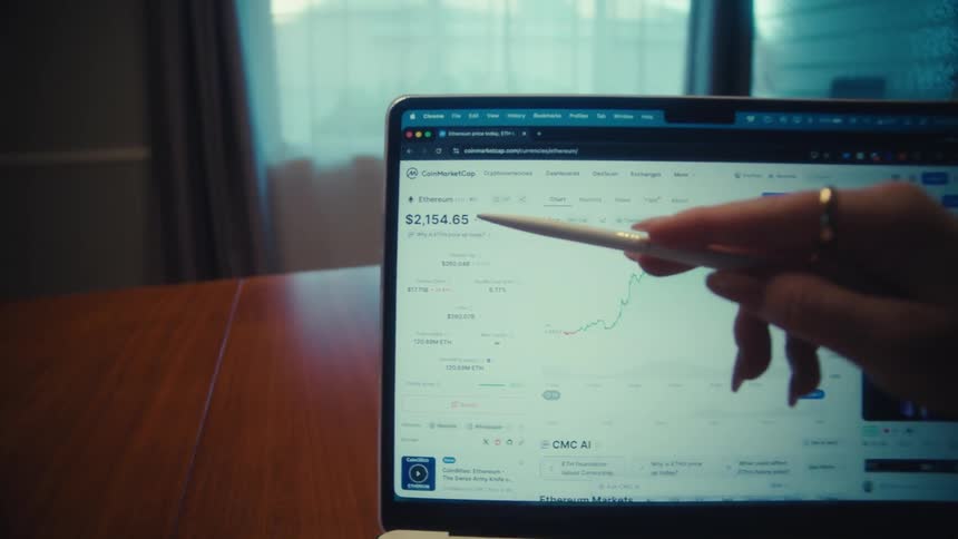 An investor uses a digital pen to analyze the Ethereum cryptocurrency price chart on a laptop screen