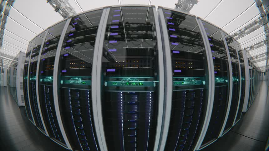 A futuristic fish-eye lens shot pulls back from a close-up of a blinking network switch to reveal a vast, modern server room