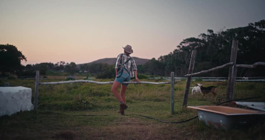A woman wearing a cowboy hat walks her two dogs through a grassy field at dusk, then stops to stretch on a rustic wooden fence
