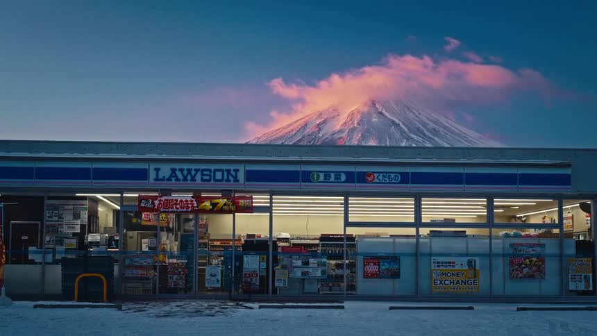 A serene cinemagraph shows the iconic Mount Fuji with pink clouds at sunset looming over a brightly lit Lawson convenience store in a snowy landscape