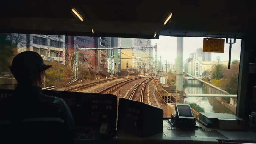 A point-of-view shot from a train conductor's cabin as the train travels along tracks through a city