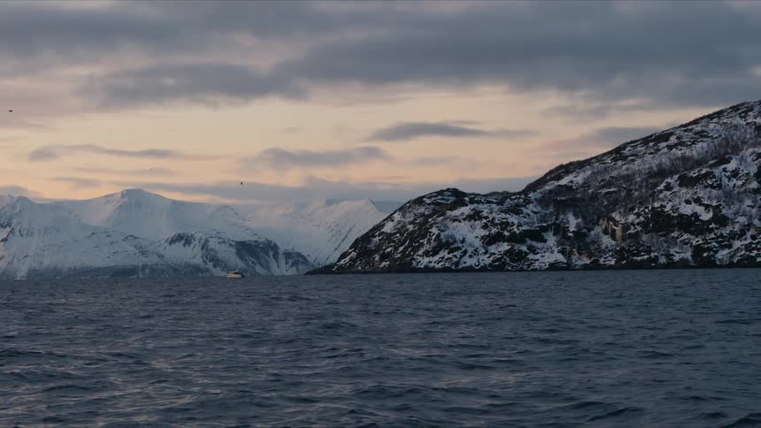 A lone boat sails through a vast fjord at dusk, surrounded by majestic snow-covered mountains in a serene arctic landscape