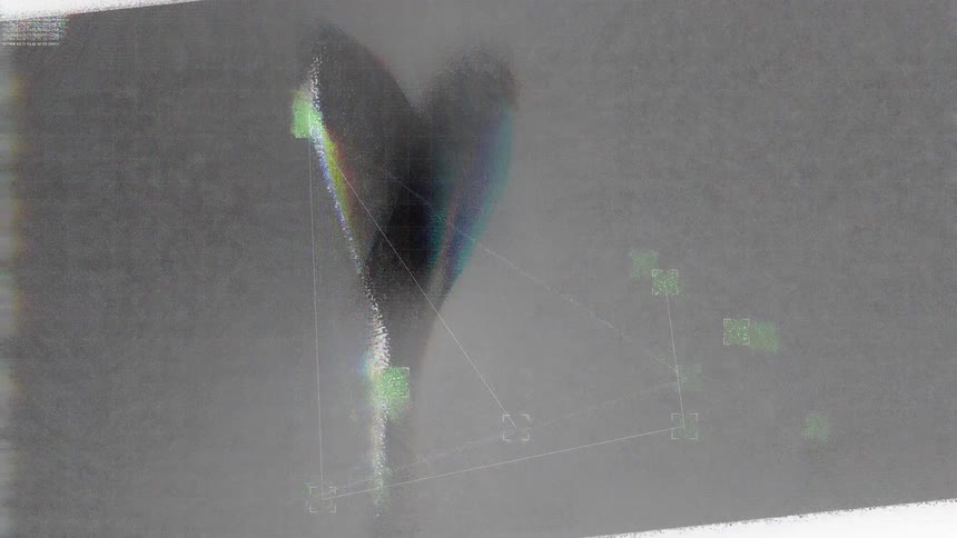 Futuristic digital animation of a small green sprout undergoing analysis with glitch effects and network graphics