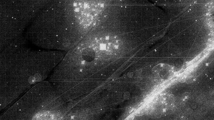Dark, abstract, and grainy black and white animation displays a network of blinking digital signals over organic-looking shapes