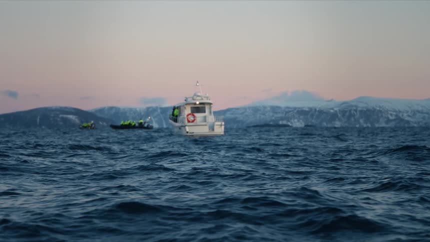 A tour boat and an inflatable raft float on the choppy arctic sea with snow-covered mountains in the background during a beautiful pink sunrise