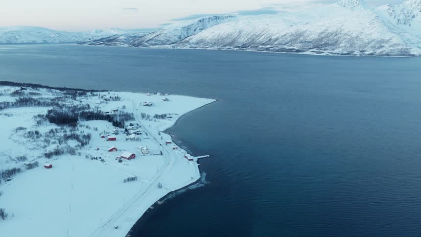 A static aerial view of a snow-covered coastline with a small village and red houses next to a large fjord and mountains in winter