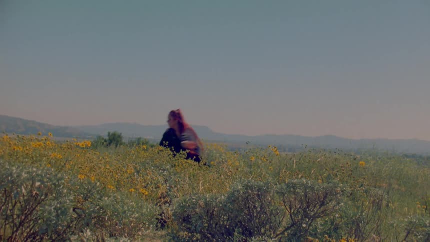 A dancer with vibrant red hair performs a series of expressive and acrobatic moves in a sunlit field of yellow wildflowers