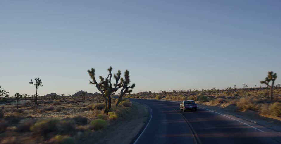 An aerial shot follows a vintage car driving along a winding road through the desert with Joshua trees at sunrise