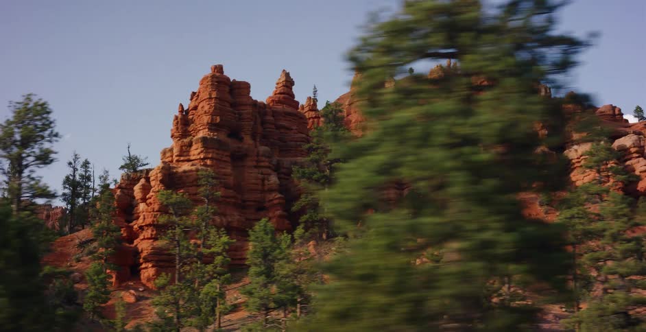 Tracking shot passing by stunning red rock formations and evergreen trees in a desert canyon