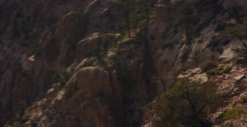 A slow pan reveals the rugged cliffs and scattered trees of a sunlit mountain canyon